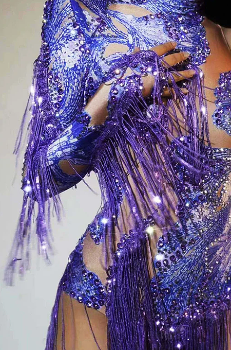 SUPER WHOLESALE |  One Shoulder Rhinestone Fringe Bodysuit In Purple