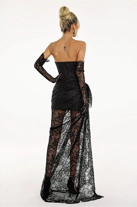 SUPER WHOLESALE | Lace Patchwork Strapless Dress with Gloves