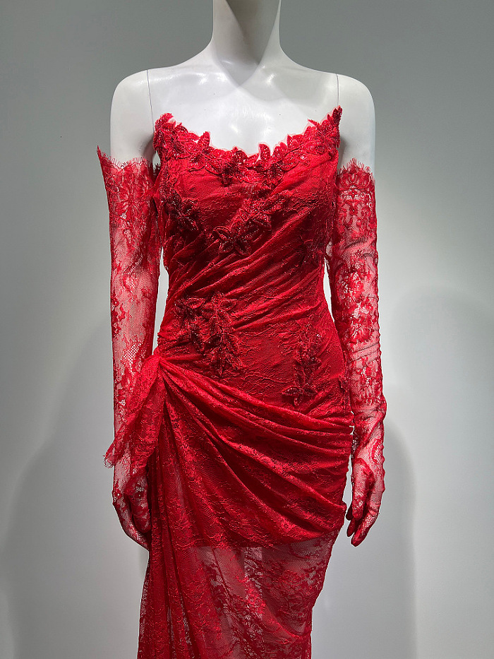 SUPER WHOLESALE | Lace Patchwork Strapless Dress with Gloves