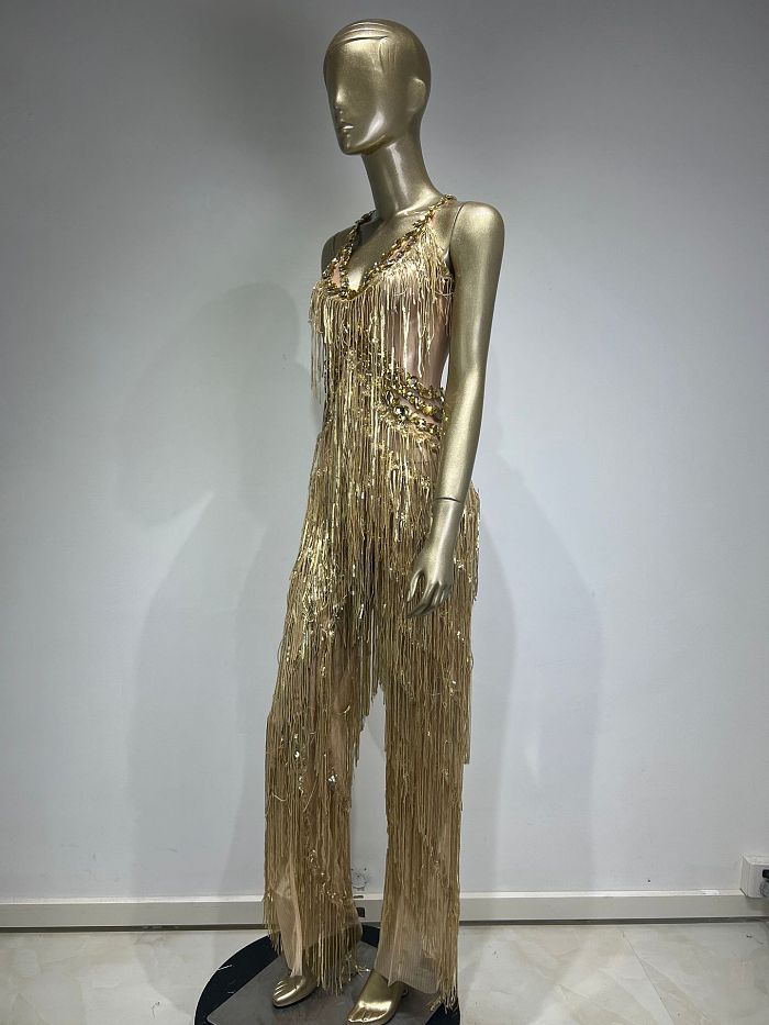 SUPER WHOLESALE | V Neck Rhinestone Fringe Jumpsuit
