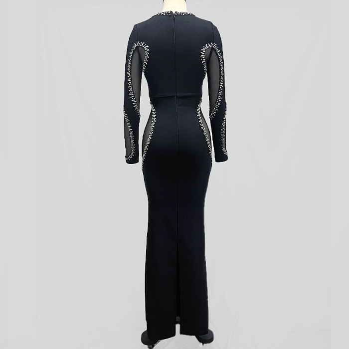 SUPER WHOLESALE | Long Sleeve Crystal Bandage Midi Dress