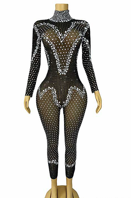 SUPER WHOLESALE | Mesh Patchwork Rhinestone Jumpsuit