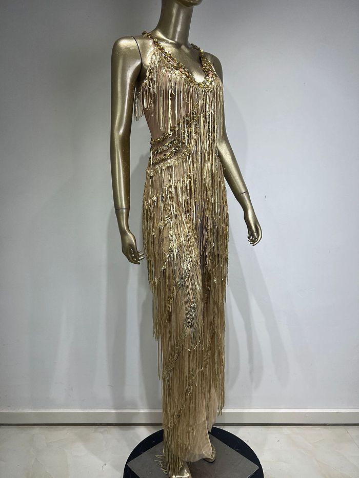 SUPER WHOLESALE | V Neck Rhinestone Fringe Jumpsuit