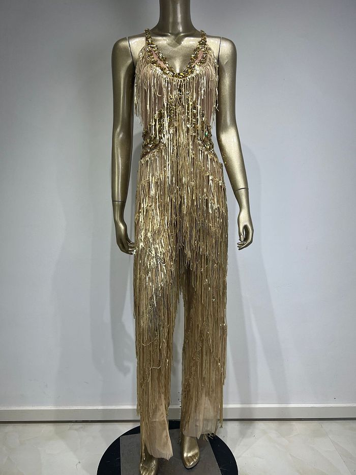 SUPER WHOLESALE | V Neck Rhinestone Fringe Jumpsuit