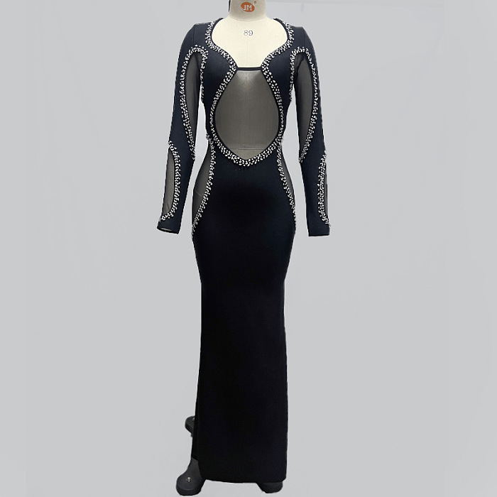 SUPER WHOLESALE | Long Sleeve Crystal Bandage Midi Dress