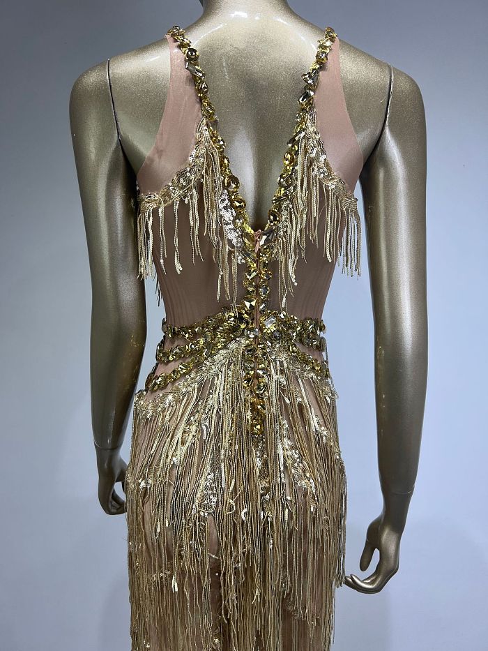 SUPER WHOLESALE | V Neck Rhinestone Fringe Jumpsuit