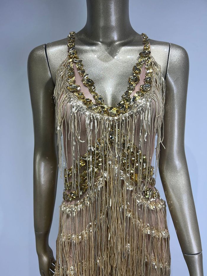 SUPER WHOLESALE | V Neck Rhinestone Fringe Jumpsuit