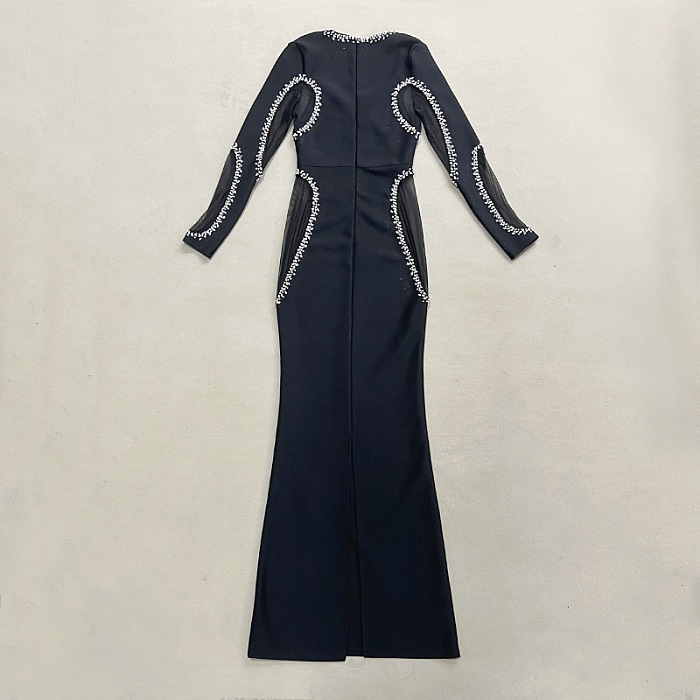 SUPER WHOLESALE | Long Sleeve Crystal Bandage Midi Dress