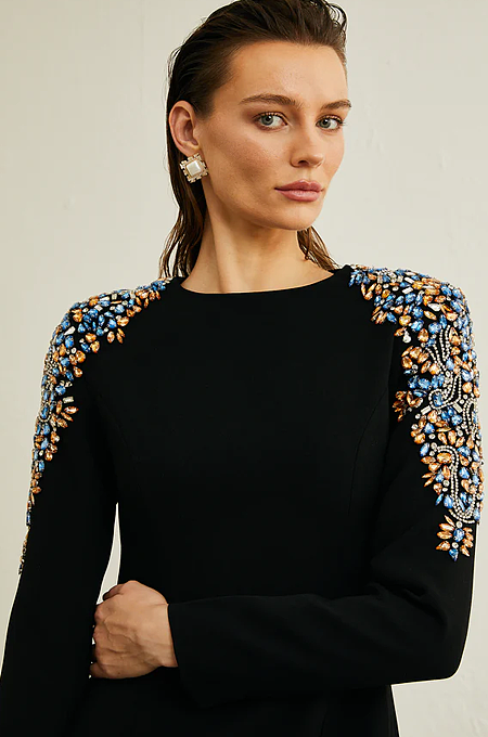 SUPER WHOLESALE | Black Crystal-embellished Midi Dress