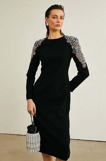 SUPER WHOLESALE | Black Crystal-embellished Midi Dress