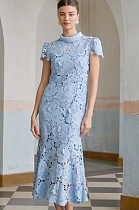 SUPER WHOLESALE |  Blue Floral-appliqué Lace Midi Dress