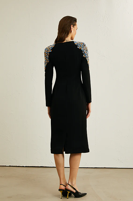 SUPER WHOLESALE | Black Crystal-embellished Midi Dress