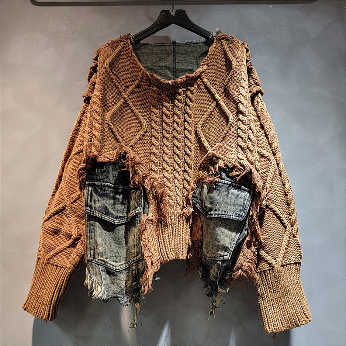 SUPER WHOLESALE | Patchwork Distressed Sweater Top