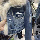 SUPER WHOLESALE | Fur Denim Distressed Jacket Top