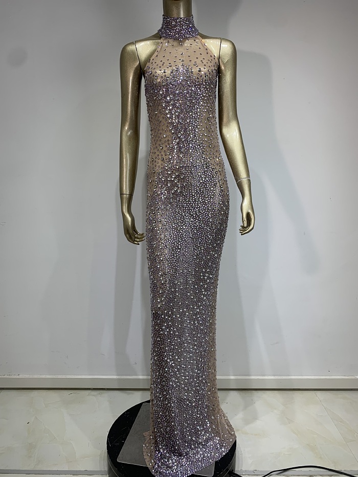 SUPER WHOLESALE | Halterneck Rhinestone Maxi Dress In White