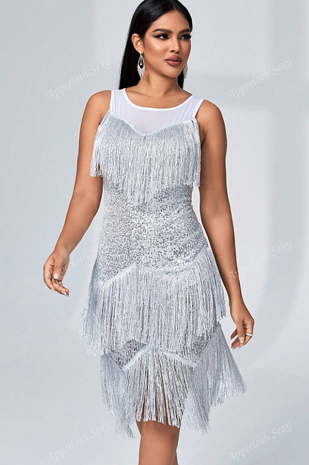 SUPER WHOLESALE | Fringe Trim Sequin Mesh Splicing Bodycon Dress