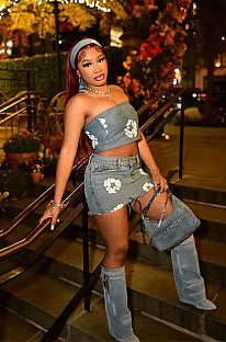 SUPER WHOLESALE | Denim Printed Skirt Set