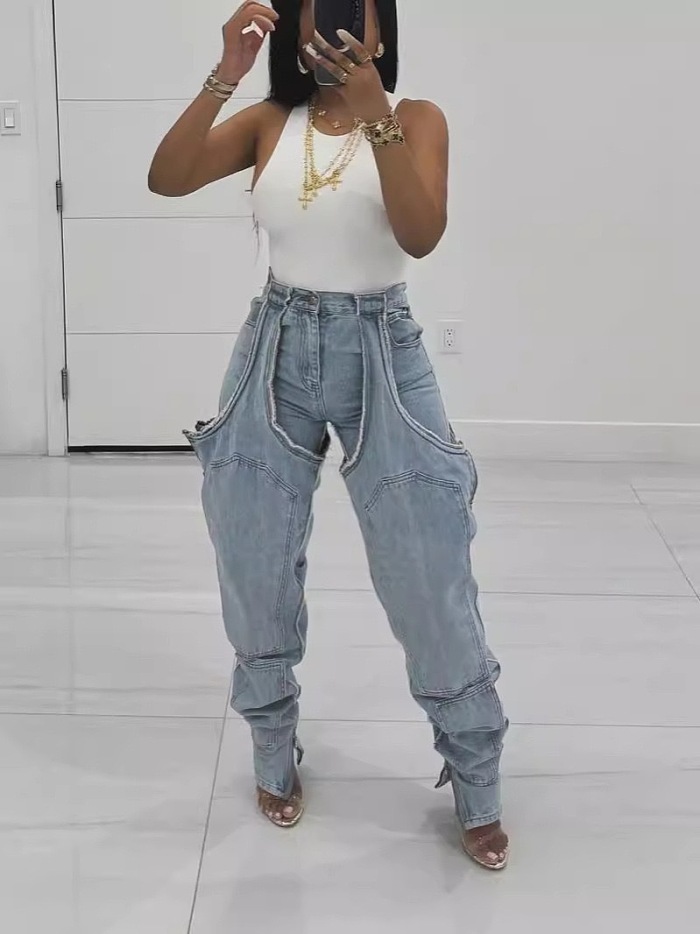 SUPER WHOLESALE |  Patchwork Cut-out Jeans