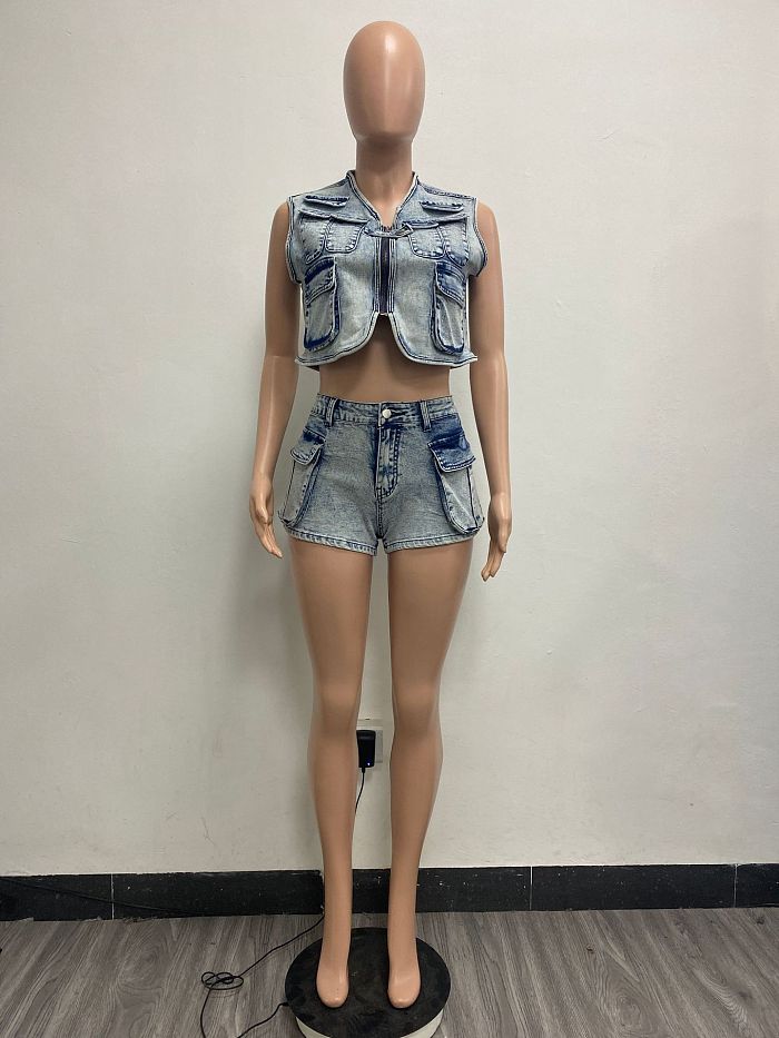 SUPER WHOLESALE |  Denim Cargo Shorts Set