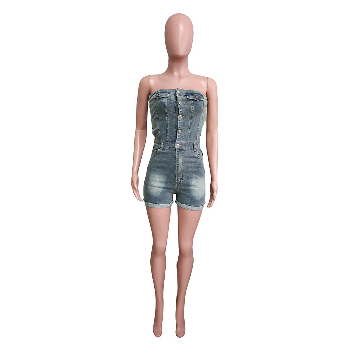 SUPER WHOLESALE |  Denim Washed Strapless Romper