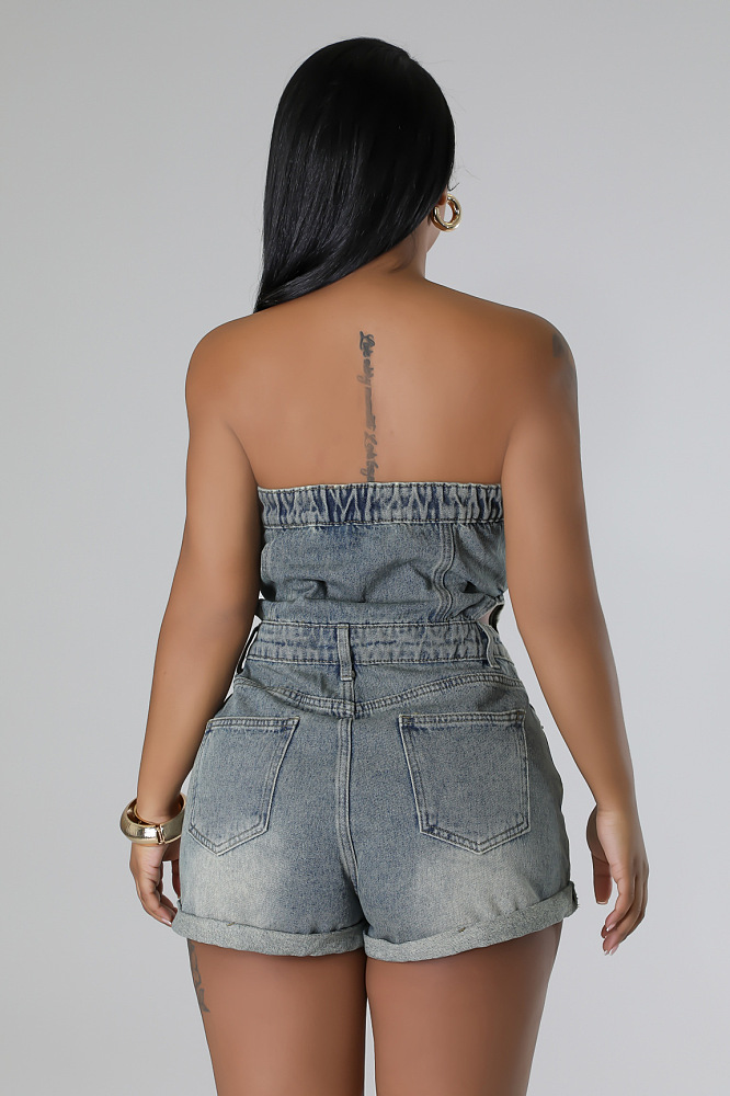 SUPER WHOLESALE |  Denim Washed Strapless Romper