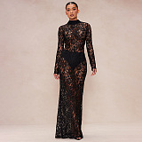 SUPER WHOLESALE | Stand Neck Lace Long Sleeve Back Zip Up Long Dress
