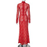 SUPER WHOLESALE | Stand Neck Lace Long Sleeve Back Zip Up Long Dress