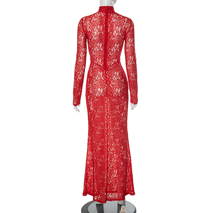 SUPER WHOLESALE | Stand Neck Lace Long Sleeve Back Zip Up Long Dress