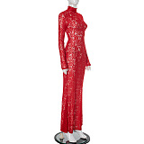 SUPER WHOLESALE | Stand Neck Lace Long Sleeve Back Zip Up Long Dress
