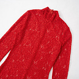 SUPER WHOLESALE | Stand Neck Lace Long Sleeve Back Zip Up Long Dress