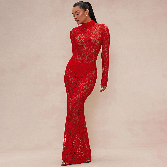 SUPER WHOLESALE | Stand Neck Lace Long Sleeve Back Zip Up Long Dress
