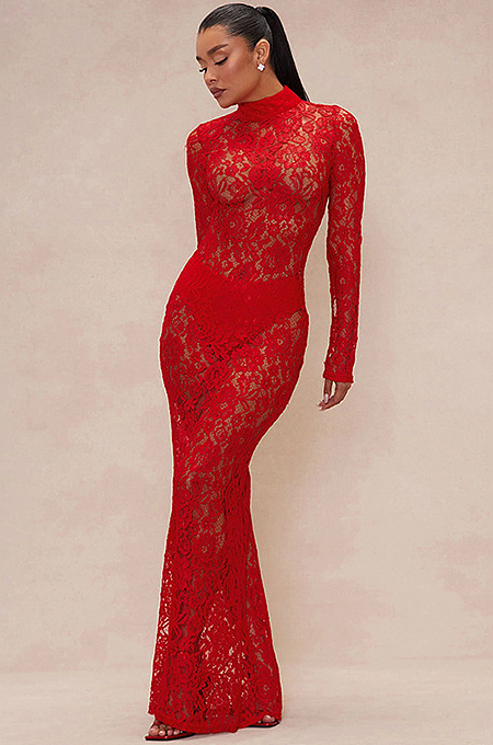 SUPER WHOLESALE | Stand Neck Lace Long Sleeve Back Zip Up Long Dress