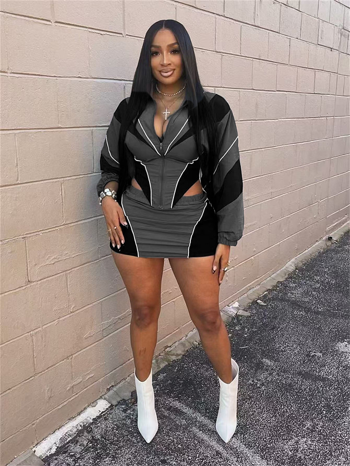 SUPER WHOLESALE | Skirt Set with Zipper Tracking Top