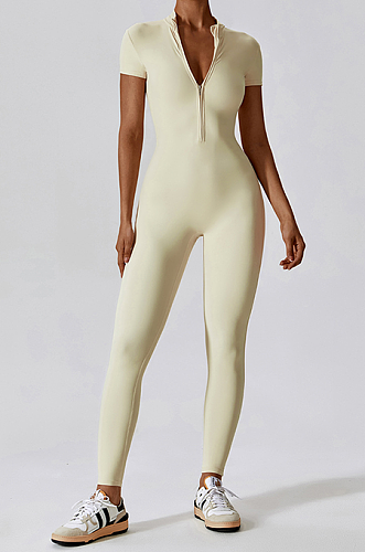 SUPER WHOLESALE | Half Zip Up Jumpsuit in Apricot