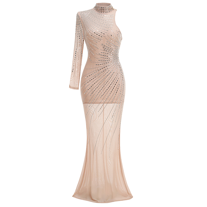 SUPER WHOLESALE |   Beaded  Slim-fit One-shoulder Dress in Apricot