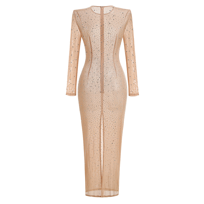SUPER WHOLESALE |   Beaded  Slim-fit One-shoulder Dress in Nude