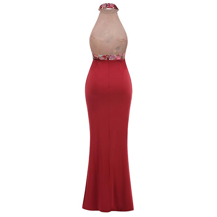 SUPER WHOLESALE |   Embroidered Patchwork Slim-fit Long Dress in Red