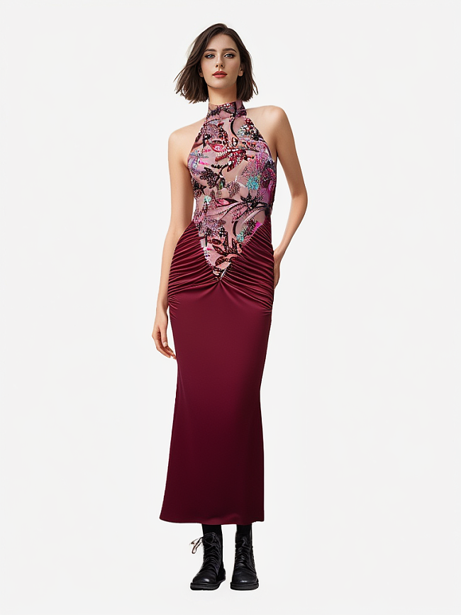 SUPER WHOLESALE |   Embroidered Patchwork Slim-fit Long Dress in Red