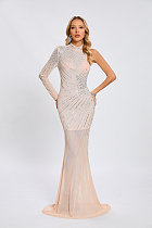 SUPER WHOLESALE |   Beaded  Slim-fit One-shoulder Dress in Apricot