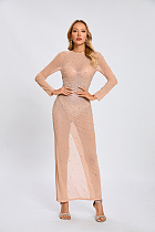 SUPER WHOLESALE |   Beaded  Slim-fit One-shoulder Dress in Nude