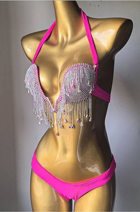 SUPER WHOLESALE |   Fringe Halter Bikini Set(rose)