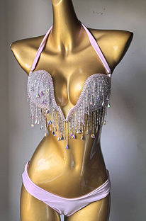 SUPER WHOLESALE |   Fringe Halter Bikini Set(pink)