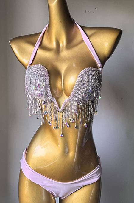 SUPER WHOLESALE |   Fringe Halter Bikini Set(pink)