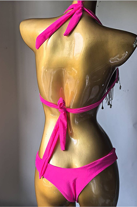 SUPER WHOLESALE |   Fringe Halter Bikini Set(rose)
