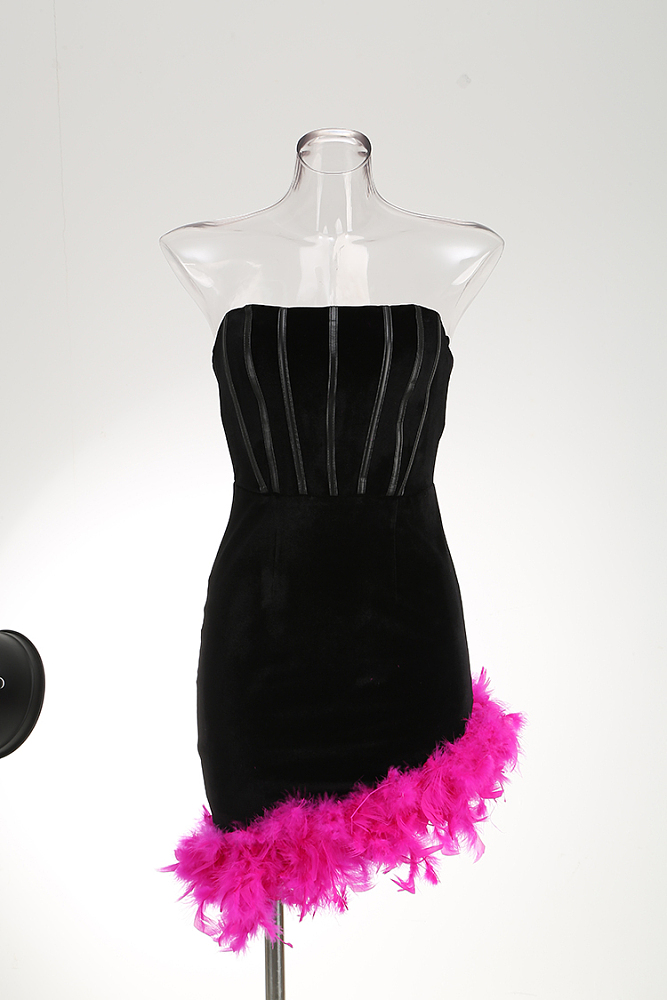 SUPER WHOLESALE | Strapless Feather Hem Mini Dress