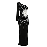 One-should Cut Out Lace Flower Decor Slim-fit Long Dress