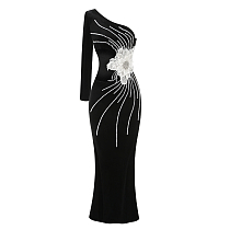 One-should Cut Out Lace Flower Decor Slim-fit Long Dress