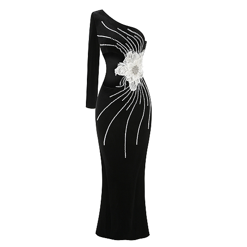 One-should Cut Out Lace Flower Decor Slim-fit Long Dress