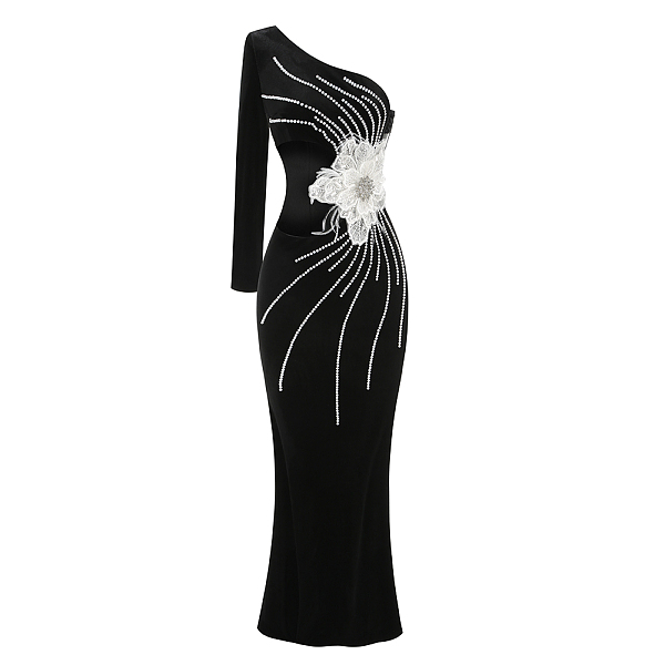 One-should Cut Out Lace Flower Decor Slim-fit Long Dress