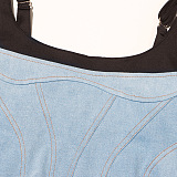 SUPER WHOLESALE | Denim Patchwork Off-Shoulder Min Dress